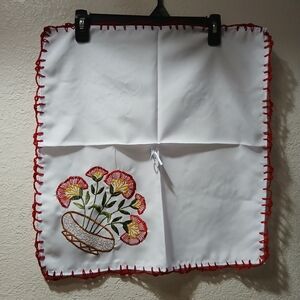 Embroidered Floral White Tablecloth with Red Trim